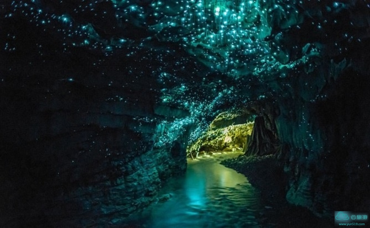萤火虫洞是大洋洲新西兰北岛西部山区的石灰岩溶洞，也是新西兰著名的景区。毛利语中怀托摩是绿水环绕的意思。洞壁上，星罗棋布的绿色萤火虫光点层层叠叠，这些绿光闪烁在黢黑水面上，光影翻倍，这是一个属于绿色精灵的奇妙世界。